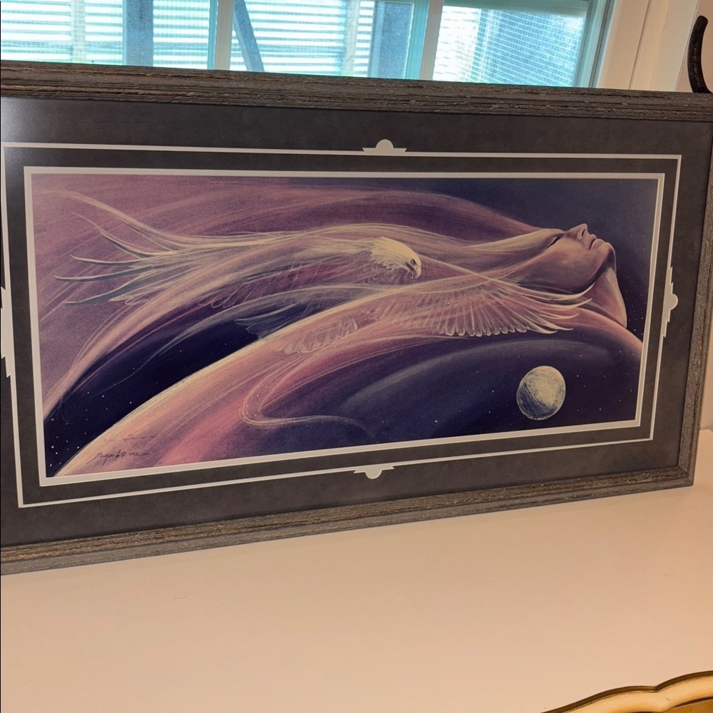 1992 Large Framed Art Ethereal Shaman Native American Design Eagle & Full Moon - Picture 13 of 17